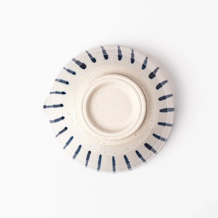 White ceramic suribachi mortar with vertical blue stripes and a textured brown interior, ideal for grinding sesame seeds and traditional Japanese seasonings.