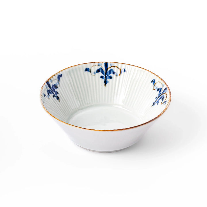 Ridged white bowl with blue floral designs around the inner rim and a brown edge, perfect for cereal, soup, or salad.