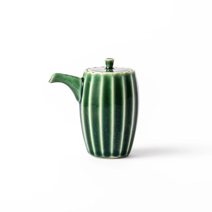 Elegant Mino ware soy sauce dispenser with a forest-inspired green glaze and drip-resistant spout. A perfect blend of tradition, function, and beauty.