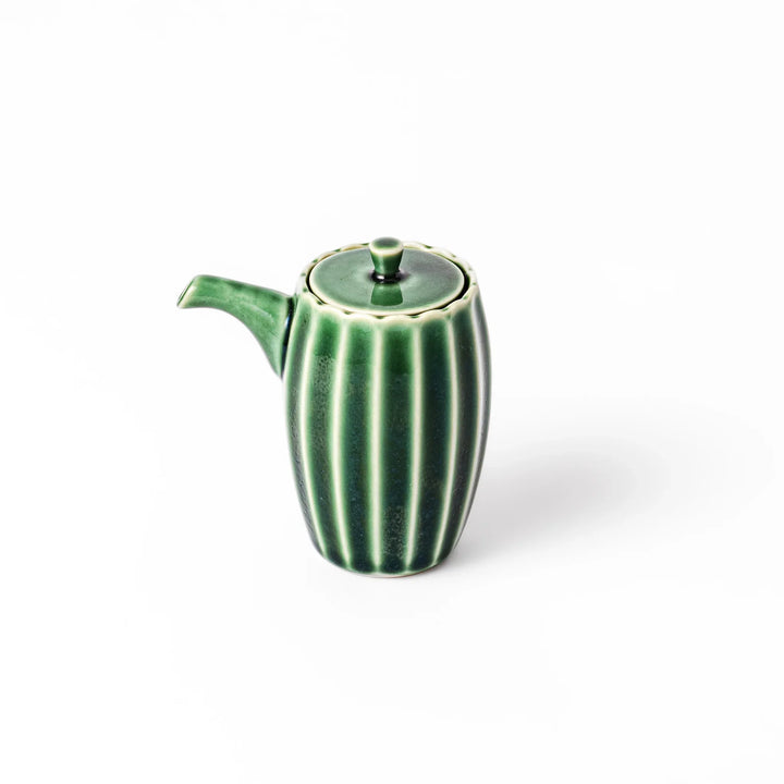 Elegant Mino ware soy sauce dispenser with a forest-inspired green glaze and drip-resistant spout. A perfect blend of tradition, function, and beauty.