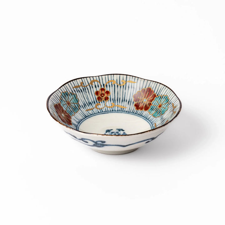 Scalloped Japanese dessert bowl with blue stripes, red and teal floral motifs, and gold accents—perfect for traditional sweets or small side dishes.