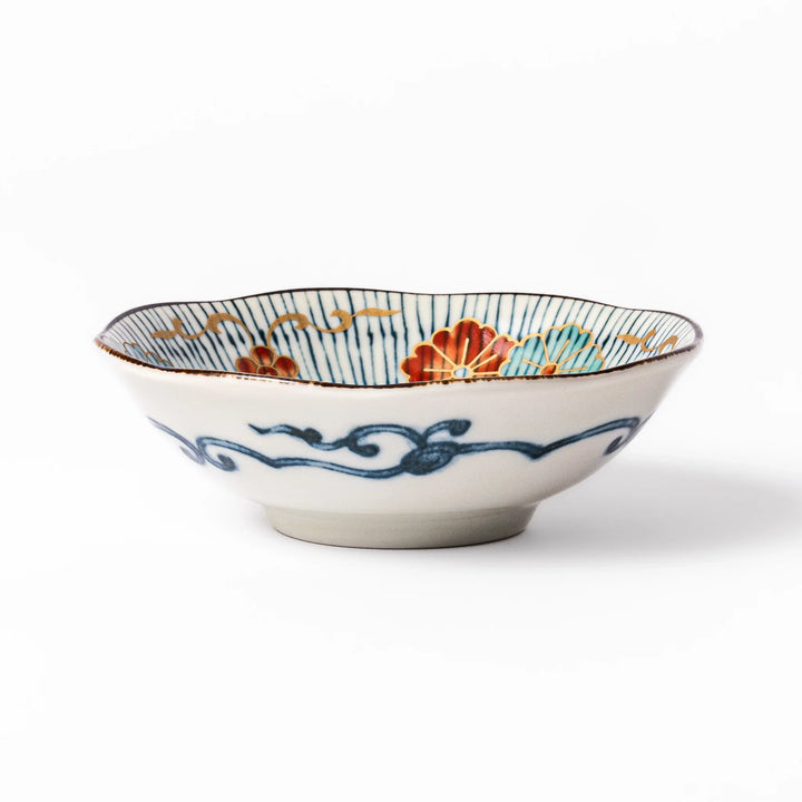Scalloped Japanese dessert bowl with blue stripes, red and teal floral motifs, and gold accents—perfect for traditional sweets or small side dishes.