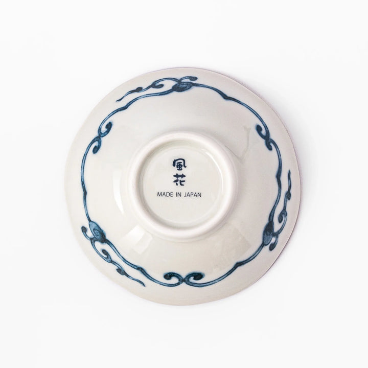 Scalloped Japanese dessert bowl with blue stripes, red and teal floral motifs, and gold accents—perfect for traditional sweets or small side dishes.