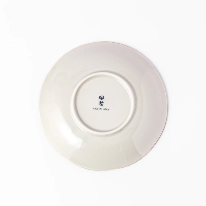 Scalloped Japanese dessert plate with vertical blue stripes and red, teal, and gold floral accents, perfect for serving sweets or small treats in style.