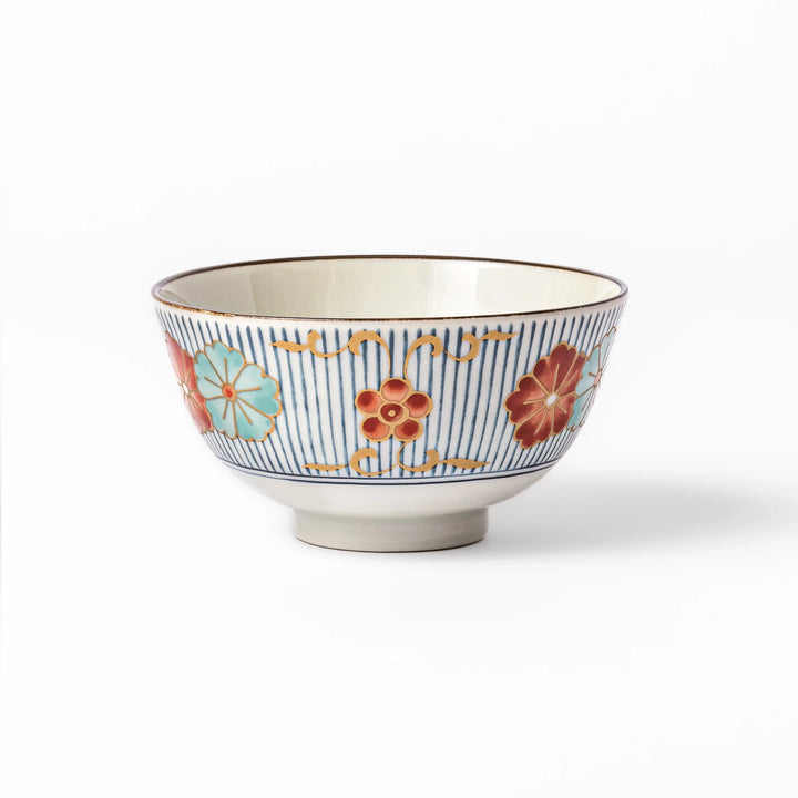 Traditional Japanese rice bowl with vertical blue stripes and red, teal, and gold floral designs, perfect for brightening up everyday meals.