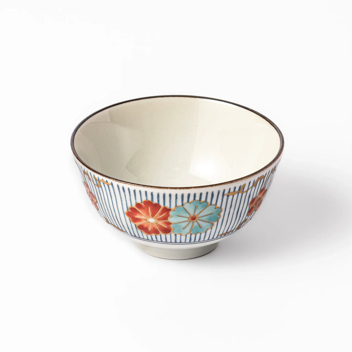Traditional Japanese rice bowl with vertical blue stripes and red, teal, and gold floral designs, perfect for brightening up everyday meals.