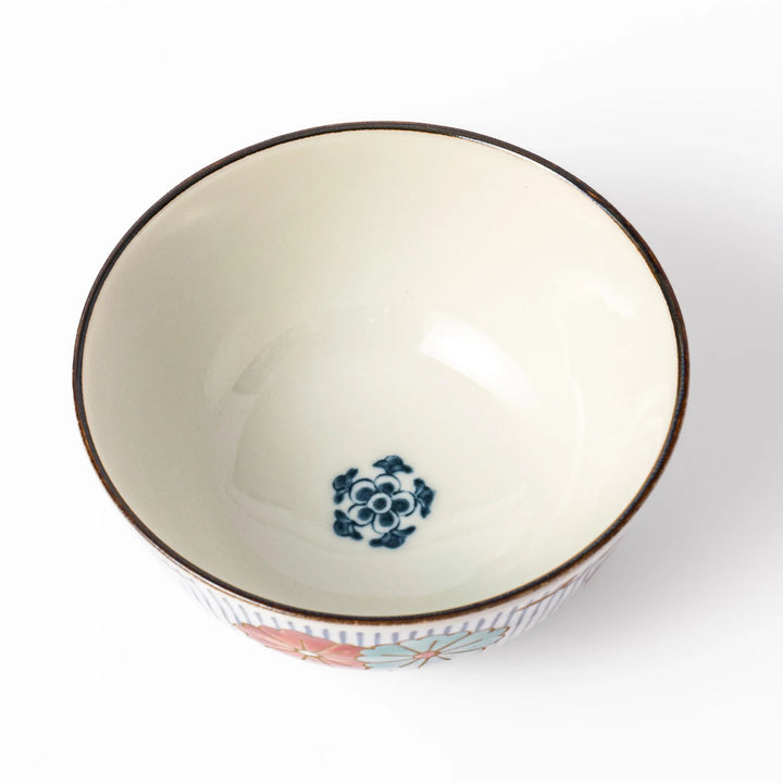 Traditional Japanese rice bowl with vertical blue stripes and red, teal, and gold floral designs, perfect for brightening up everyday meals.