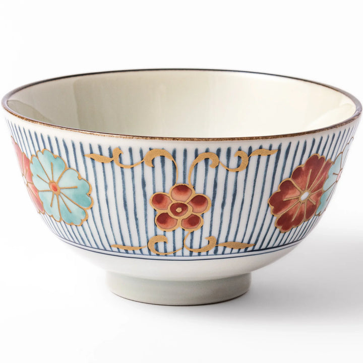 Traditional Japanese rice bowl with vertical blue stripes and red, teal, and gold floral designs, perfect for brightening up everyday meals.