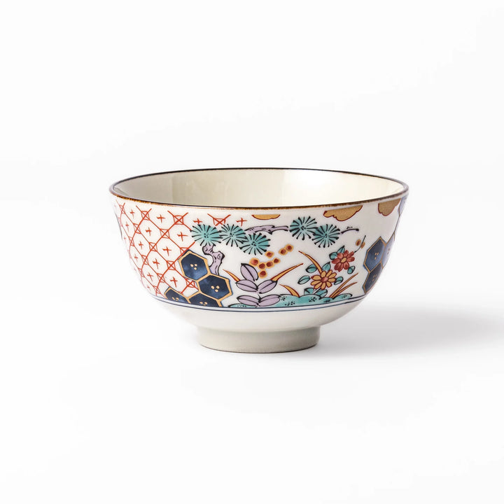 Traditional Japanese rice bowl featuring red lattice, navy hexagons, and multicolor floral motifs, perfect for adding elegance to everyday meals.