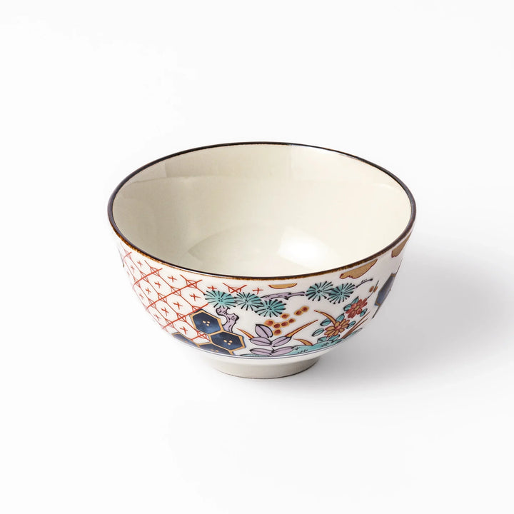 Traditional Japanese rice bowl featuring red lattice, navy hexagons, and multicolor floral motifs, perfect for adding elegance to everyday meals.