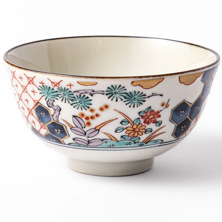 Traditional Japanese rice bowl featuring red lattice, navy hexagons, and multicolor floral motifs, perfect for adding elegance to everyday meals.
