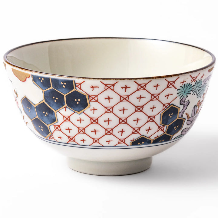 Traditional Japanese rice bowl featuring red lattice, navy hexagons, and multicolor floral motifs, perfect for adding elegance to everyday meals.