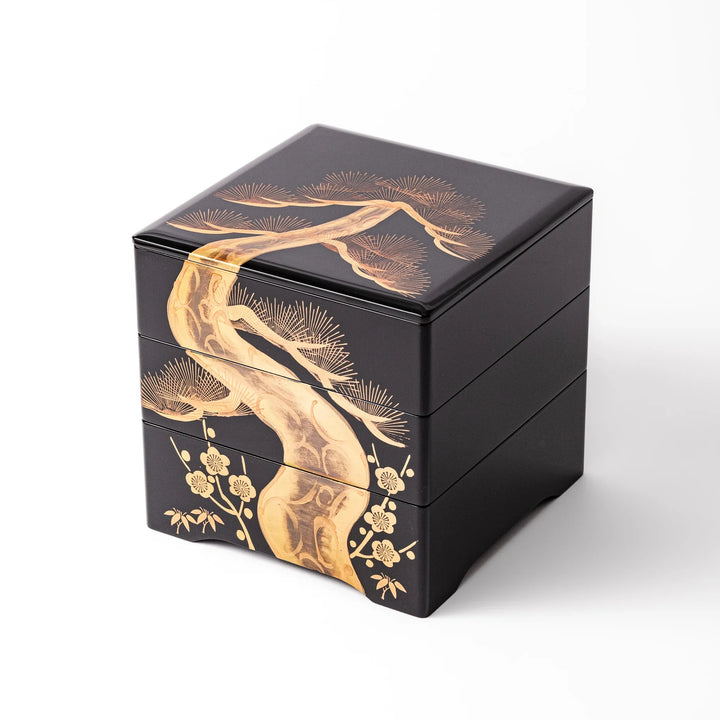 Golden Pine Three-Tier Japanese Jubako Box featuring a hand-painted pine tree design in gold on black lacquer, perfect for festive meals and special occasions.