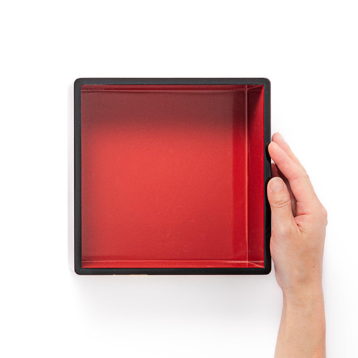 Interior view of the Golden Pine Japanese Jubako Box, revealing three red-lacquered tiers and lid with gold pine tree design, ideal for elegant food presentation.