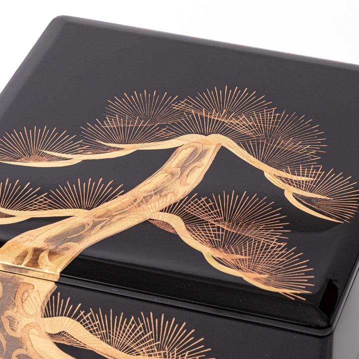 Golden Pine Three-Tier Japanese Jubako Box featuring a hand-painted pine tree design in gold on black lacquer, perfect for festive meals and special occasions.
