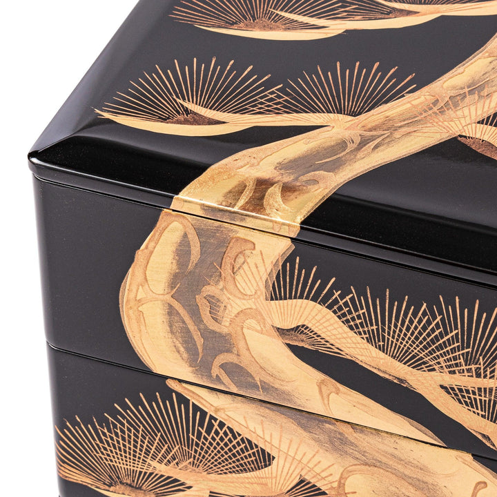 Golden Pine Three-Tier Japanese Jubako Box featuring a hand-painted pine tree design in gold on black lacquer, perfect for festive meals and special occasions.