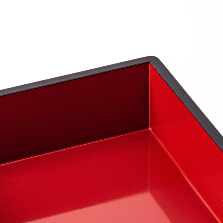 Interior view of the Golden Pine Japanese Jubako Box, revealing three red-lacquered tiers and lid with gold pine tree design, ideal for elegant food presentation.