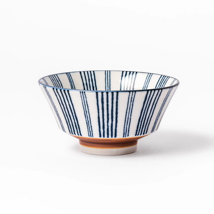 Japanese porcelain rice bowl with fine indigo vertical stripes and natural terracotta base, handcrafted in classic minimalist style.