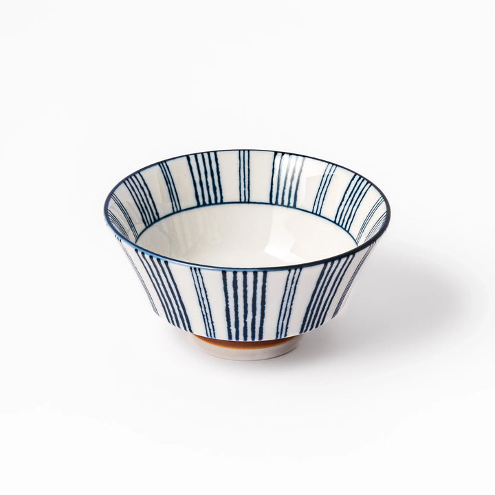 Japanese porcelain rice bowl with fine indigo vertical stripes and natural terracotta base, handcrafted in classic minimalist style.