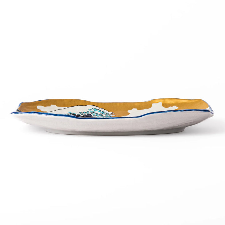 Rectangular serving plate featuring Hokusai’s Great Wave off Kanagawa, highlighted with vivid blue, gold, and white for a striking presentation.
