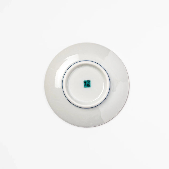 Round Japanese ceramic sauce dish featuring Hokusai’s Great Wave design with vivid blue waves, golden sky, and Mt. Fuji, perfect for soy sauce or condiments.