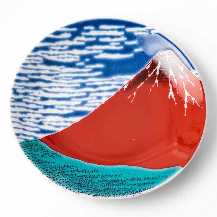 Round Japanese ceramic sauce dish featuring Hokusai’s iconic Red Fuji design with vivid red mountain, blue sky, and clouds, perfect for soy sauce or condiments.