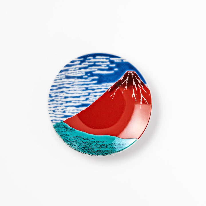 Round Japanese ceramic sauce dish featuring Hokusai’s iconic Red Fuji design with vivid red mountain, blue sky, and clouds, perfect for soy sauce or condiments.