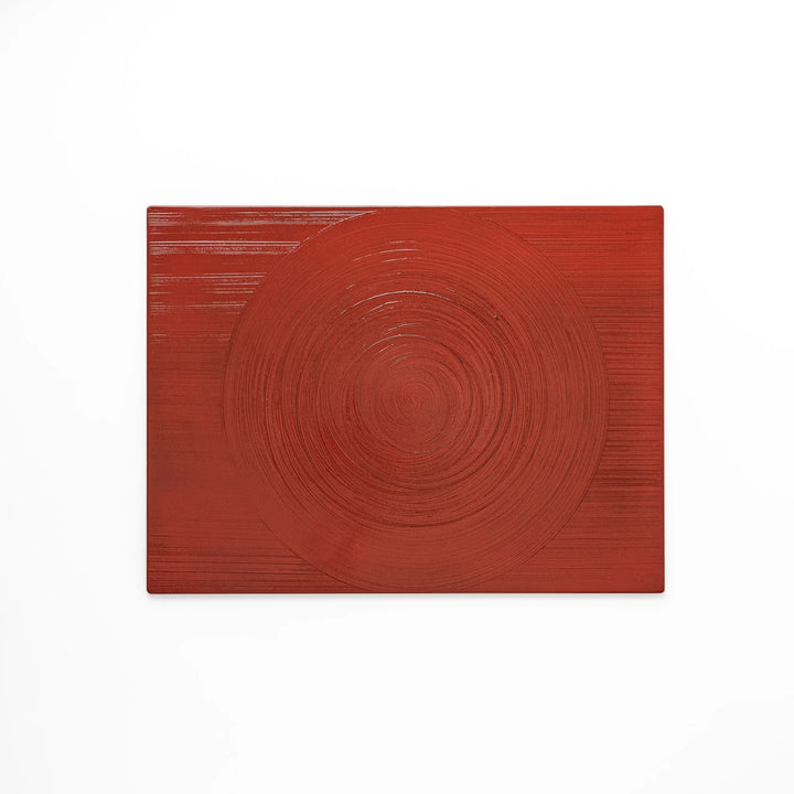 Reversible Japanese Lacquer Tray with textured circular brush design in red and black. A stylish, functional piece for modern Japanese dining.