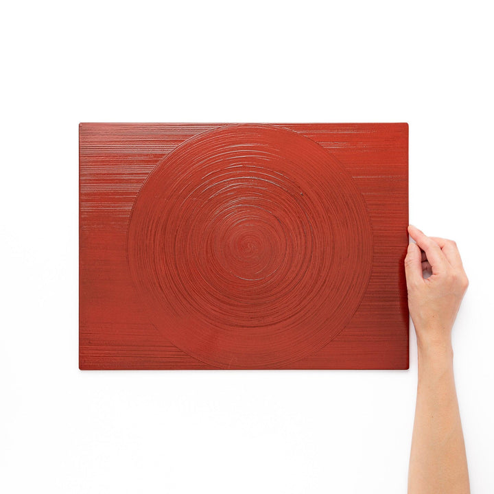 Reversible Japanese Lacquer Tray with textured circular brush design in red and black. A stylish, functional piece for modern Japanese dining.