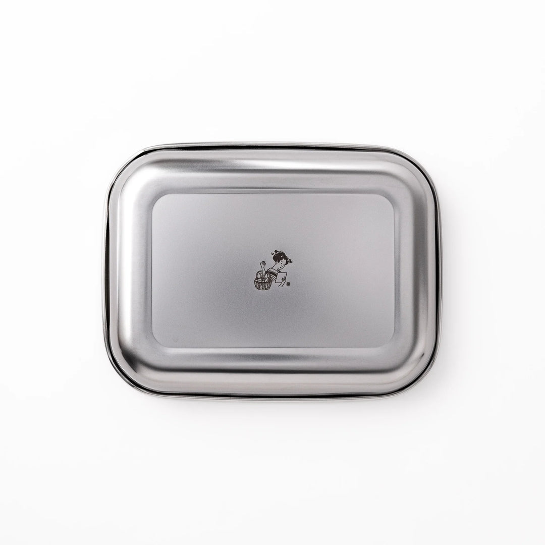 Premium stainless steel prep tray featuring a central engraved illustration of a woman with a basket, combining function with Japanese design.