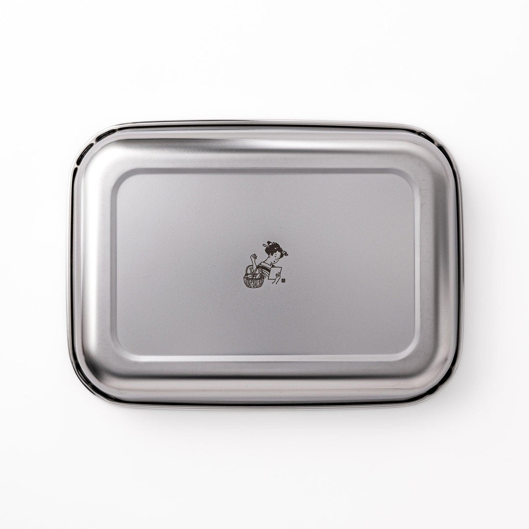 Premium stainless steel prep tray featuring a central engraved illustration of a woman with a basket, combining function with Japanese design.