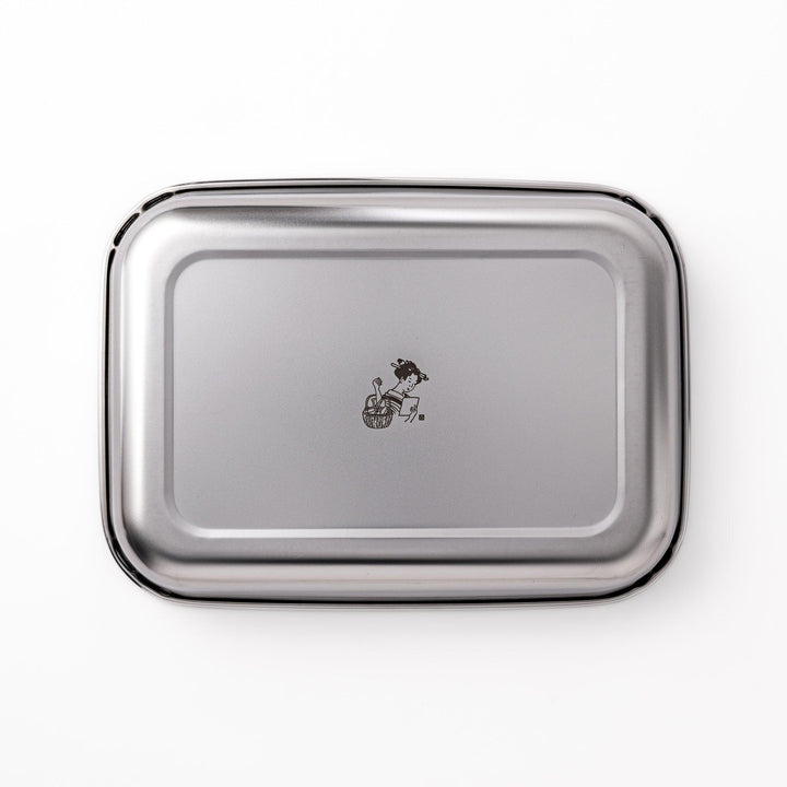 Premium stainless steel prep tray featuring a central engraved illustration of a woman with a basket, combining function with Japanese design.