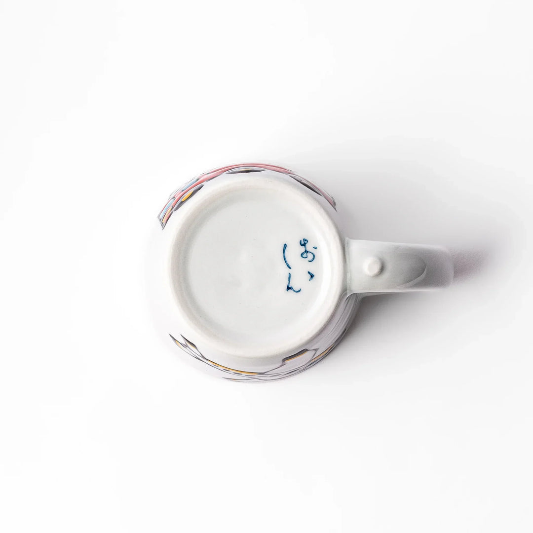 White ceramic kids mug featuring red fire truck with ladder graphic, round handle, shown on white background