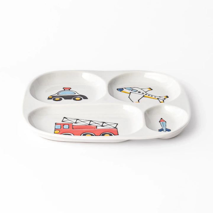 White ceramic kids plate with police car, airplane, fire truck, and rocket motifs in divided sections