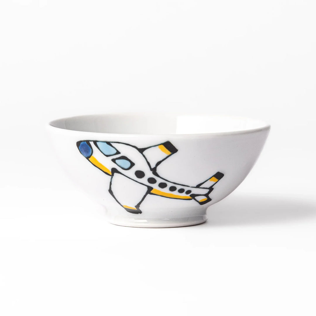 White ceramic kids rice bowl featuring red fire truck graphic, round footed base, shown on white background