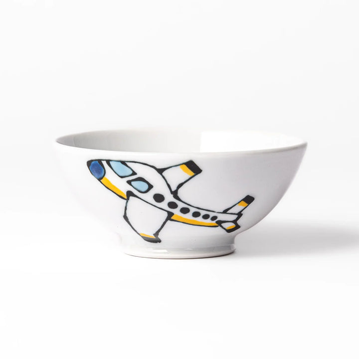 White ceramic kids rice bowl featuring red fire truck graphic, round footed base, shown on white background