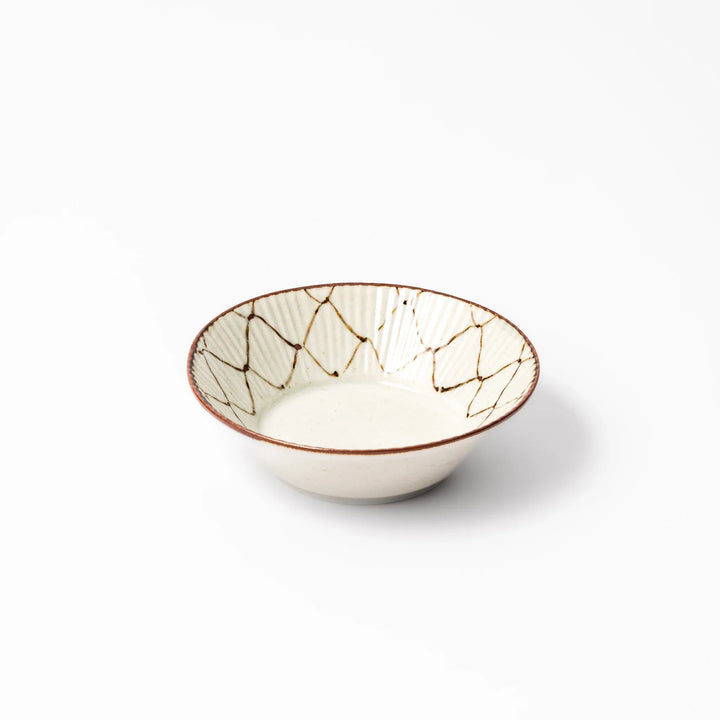 Japanese ceramic dessert bowl with rustic diamond weave pattern and earthy brown rim, ideal for serving sweets or side dishes