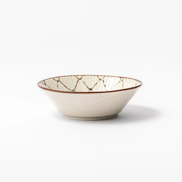 Japanese ceramic dessert bowl with rustic diamond weave pattern and earthy brown rim, ideal for serving sweets or side dishes