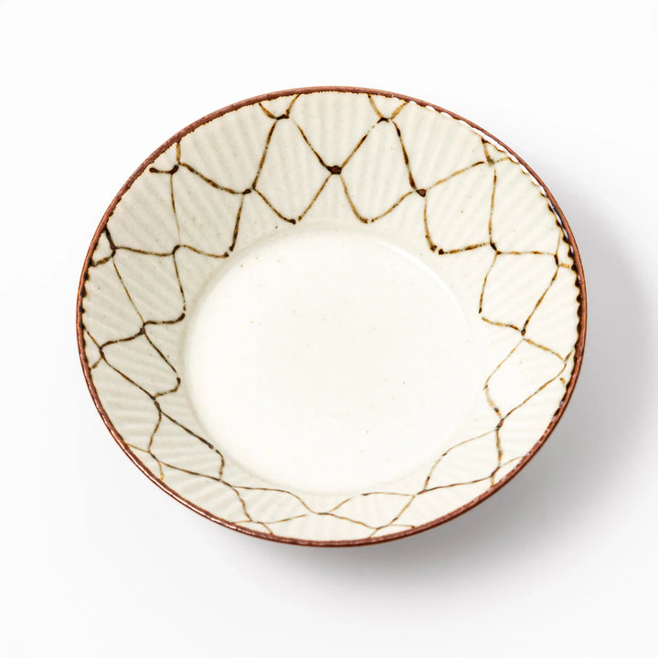 Japanese ceramic dessert bowl with rustic diamond weave pattern and earthy brown rim, ideal for serving sweets or side dishes