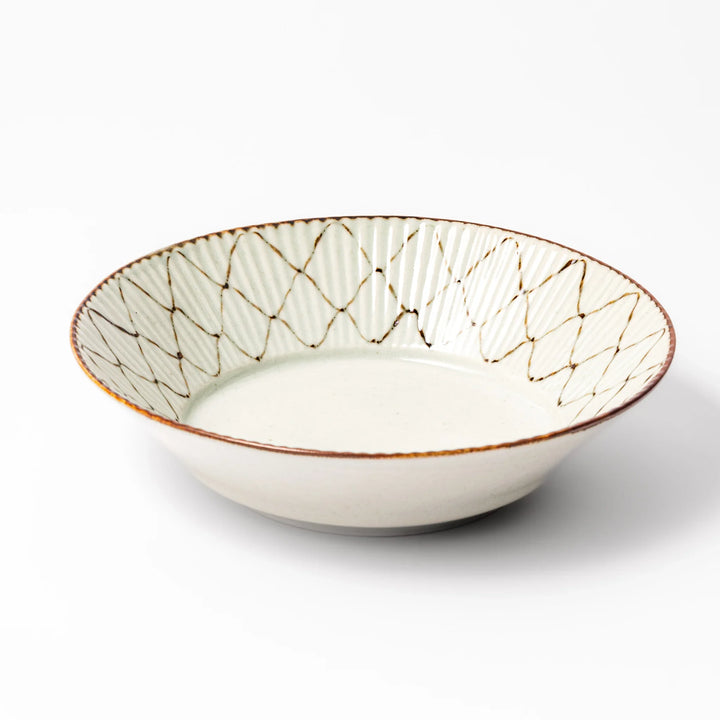 Japanese ceramic pasta bowl with rustic diamond weave pattern, earthy brown rim, and textured design for modern dining