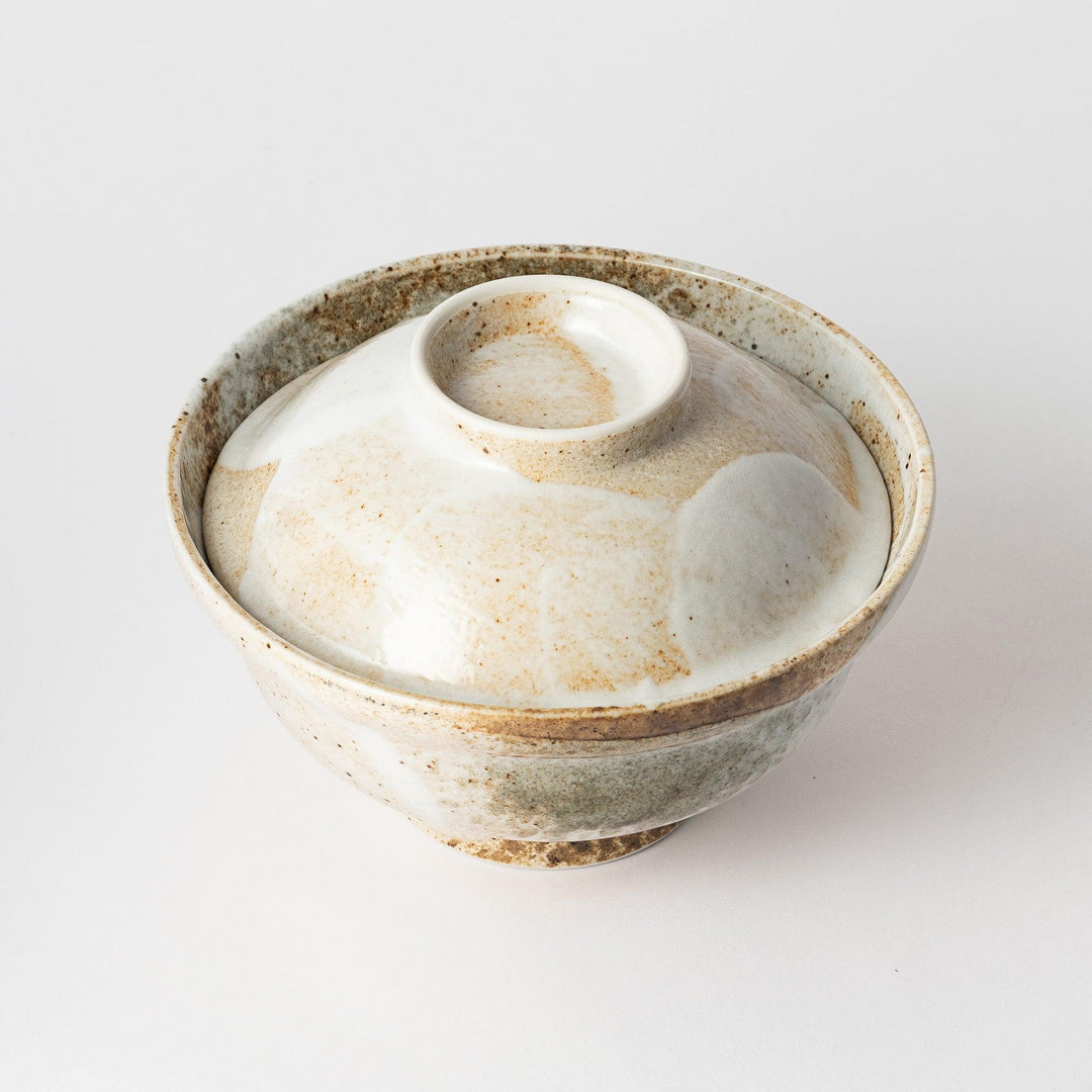 Close-up view of the donburi bowl’s interior, displaying the earthy texture and design, adding a natural touch to meals.