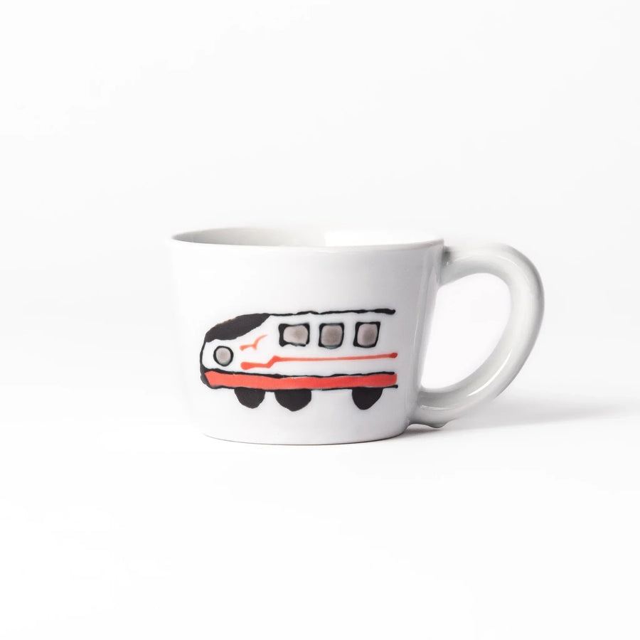 White ceramic kids mug featuring red and white Shinkansen bullet train illustration, round handle, shown on white background