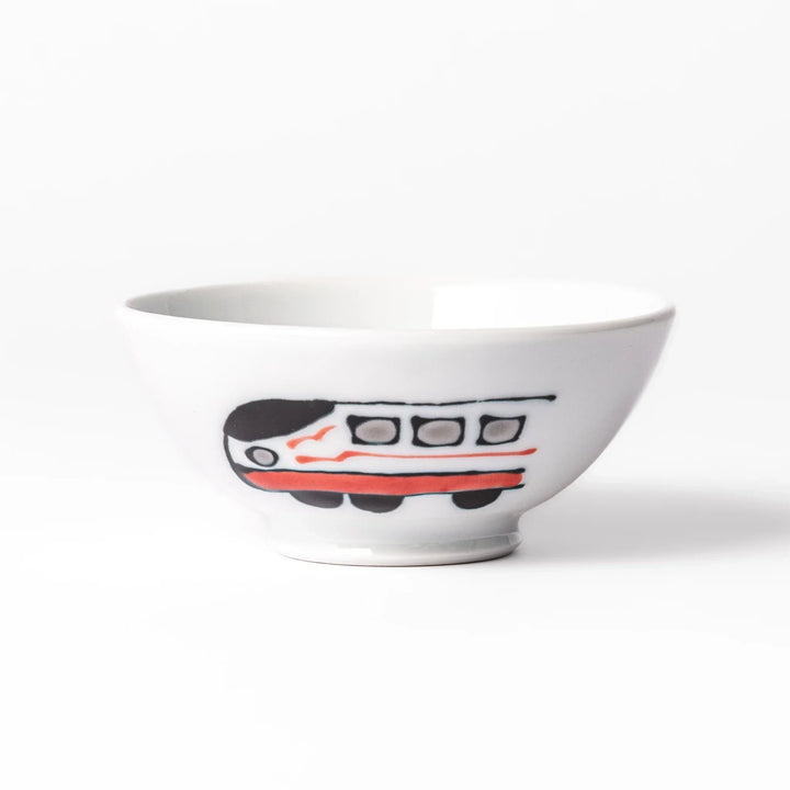 White ceramic kids rice bowl featuring red and white Shinkansen bullet train illustration, round footed base