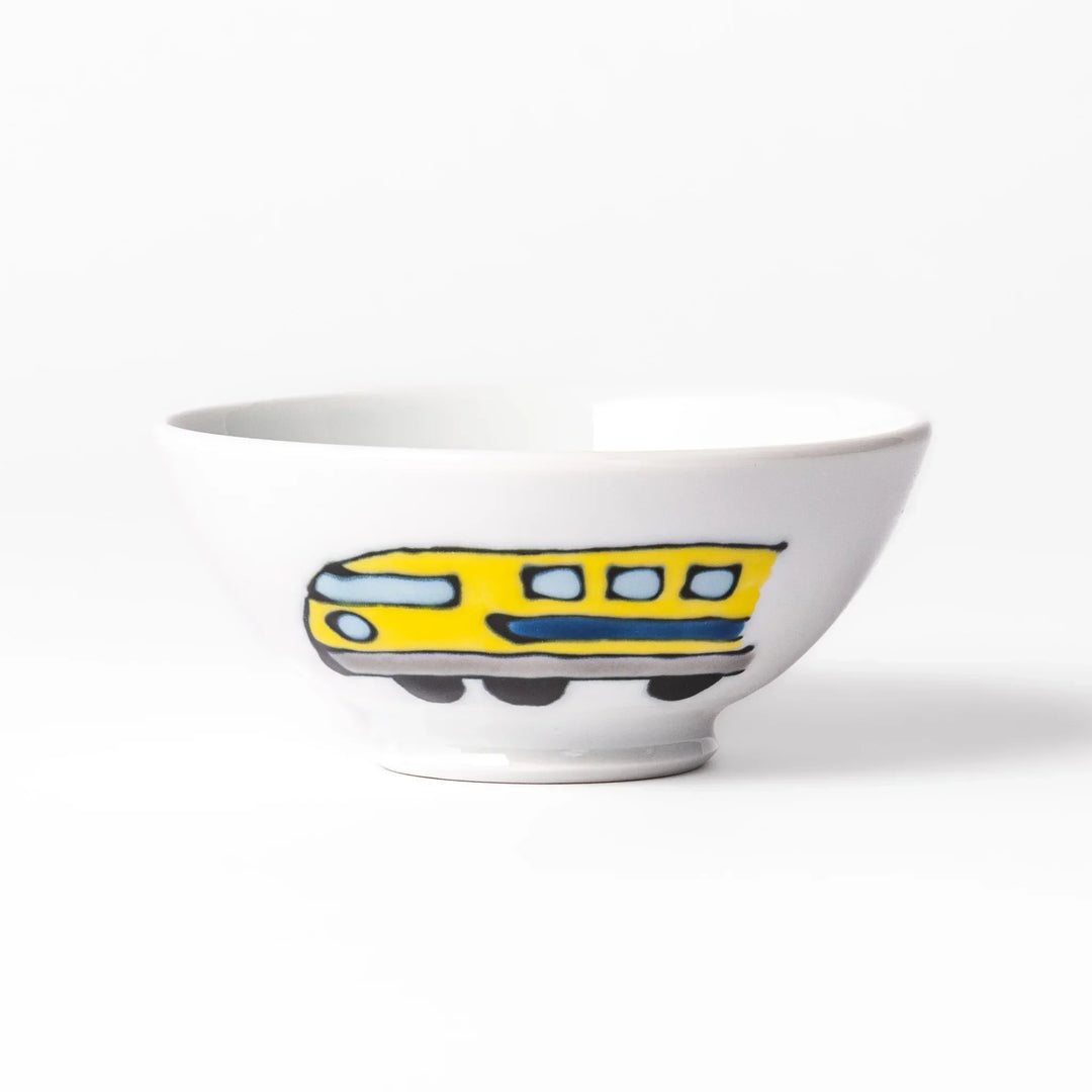 White ceramic kids rice bowl featuring red and white Shinkansen bullet train illustration, round footed base