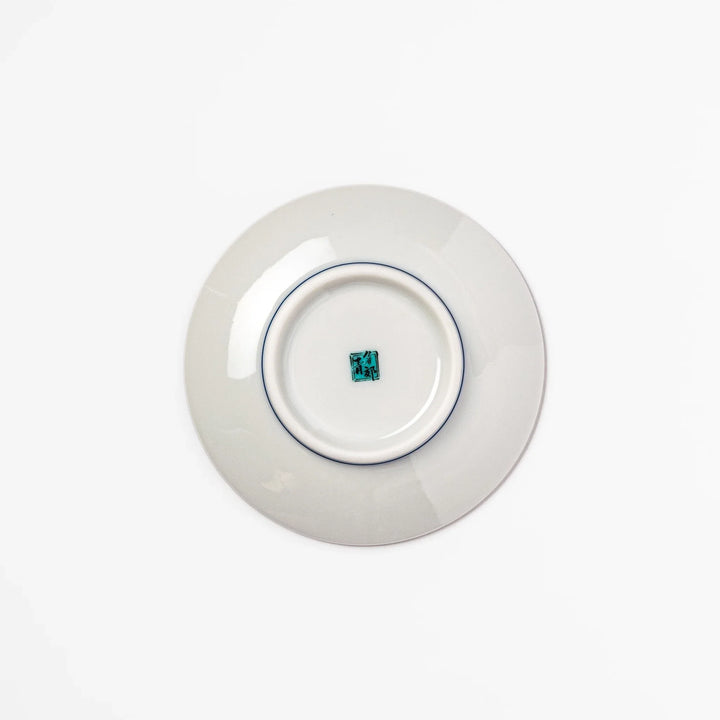 Round Japanese ceramic sauce dish with traditional blue wave pattern and playful yellow shorebirds, perfect for serving soy sauce, condiments, or appetizers.