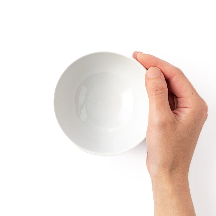 White ceramic kids rice bowl with green stegosaurus dinosaur motif and blue cloud accents