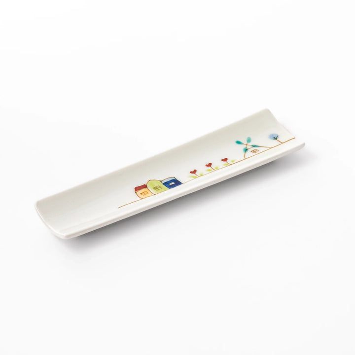 Japanese porcelain chopstick rest with Netherlands design featuring colorful houses, red tulips, and a blue windmill
