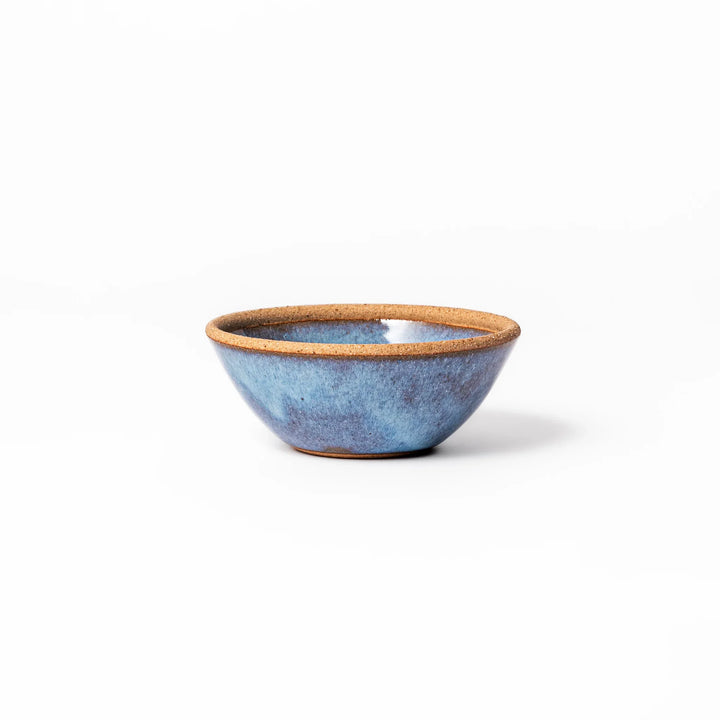 Terracotta blue ceramic dessert bowl with rustic brown rim, handcrafted in Japan for serving ice cream, fruit, soup, or side dishes.
