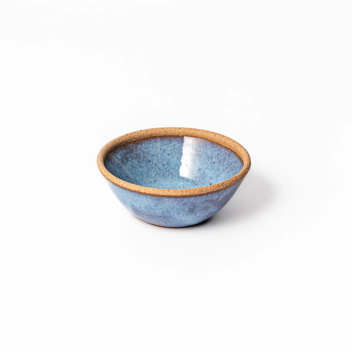 Terracotta blue ceramic dessert bowl with rustic brown rim, handcrafted in Japan for serving ice cream, fruit, soup, or side dishes.