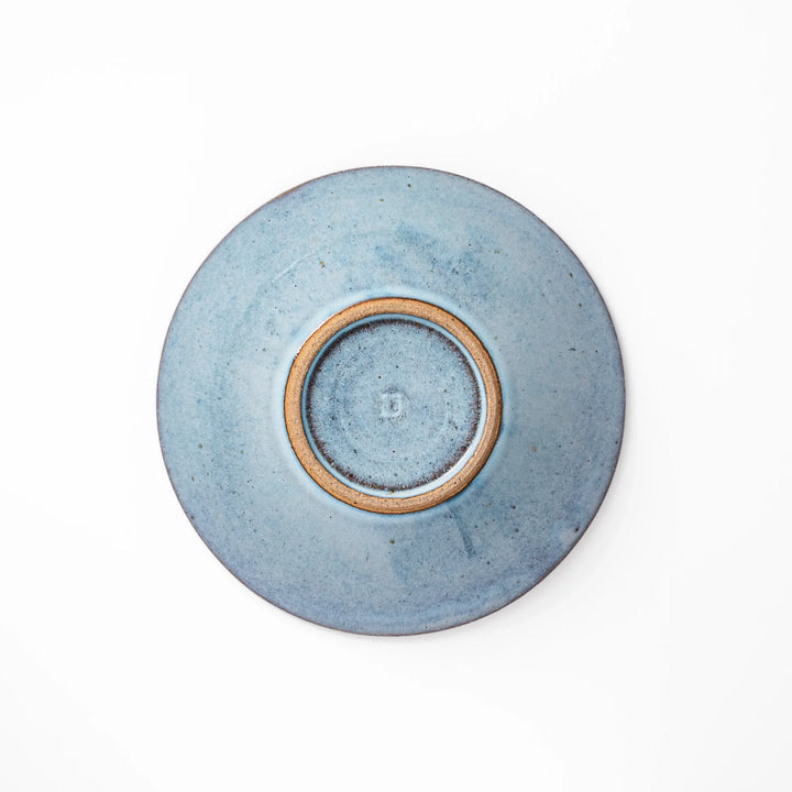 Terracotta blue ceramic pasta bowl with rustic brown rim, handcrafted in Japan for serving pasta, curry, salad, or versatile everyday meals.